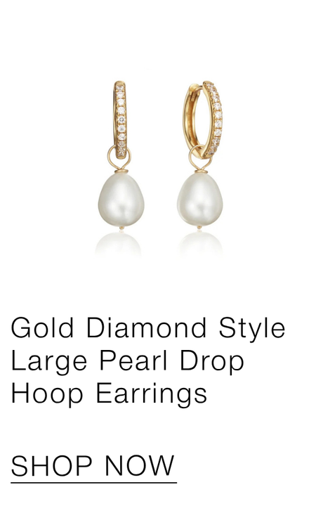 Gold Diamond Style Large Pearl Drop Hoop Earrings
