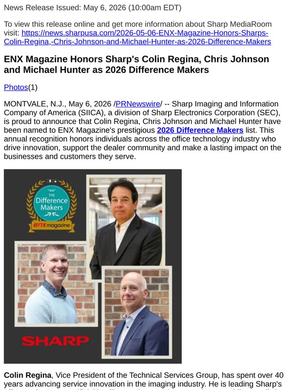 ENX Magazine Honors Sharp's Colin Regina, Chris Johnson and Michael Hunter as 2026 Difference Makers