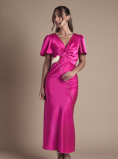 Satin Twist Front Angel Sleeve Midi Bridesmaid Dress