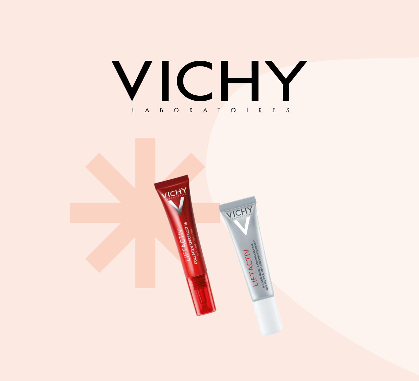 Two Vichy LiftActiv eye cream tubes (red and silver) beneath Vichy logo on pale peach background