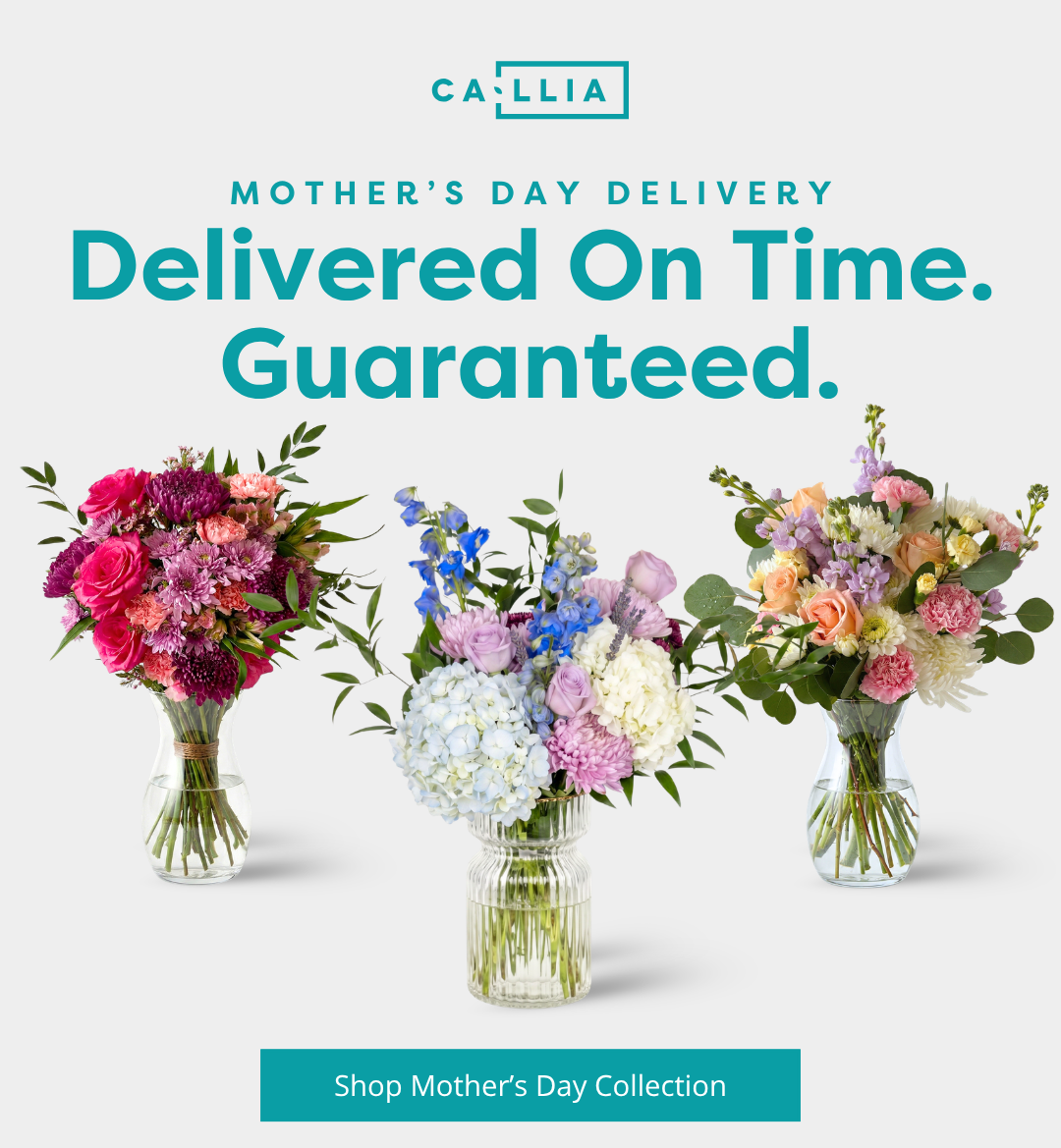 Three Callia's Mother's Day bouquets in vases