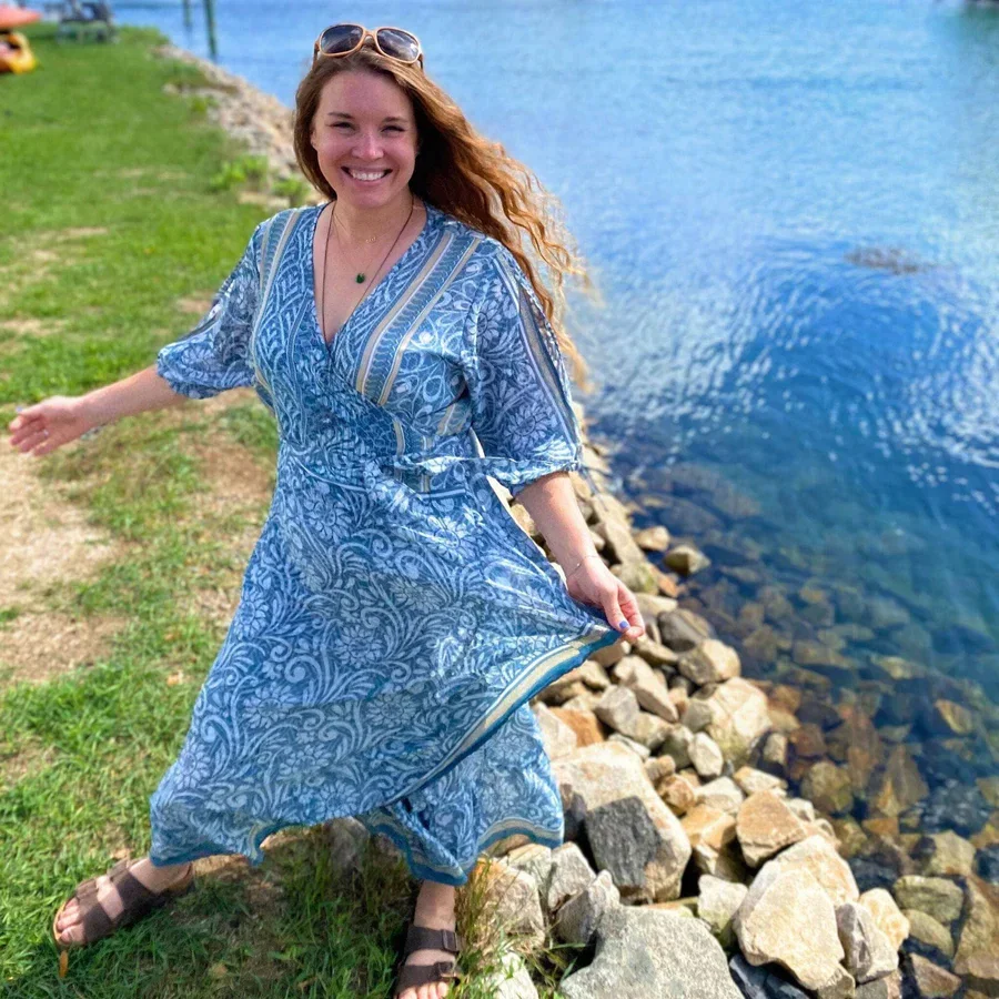 Zaria Wrap Dress styled with sandals