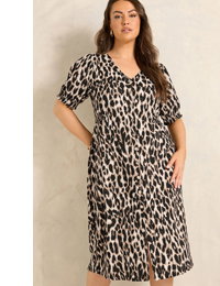 EVANS Curve Brown Button Through Animal Print Midi Dress