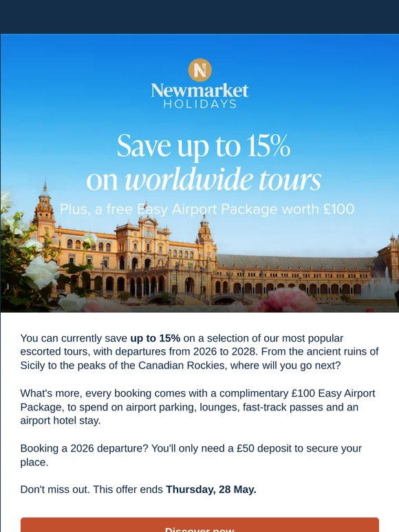 Up to 15% off escorted tours, plus £100 Easy Airport Package
