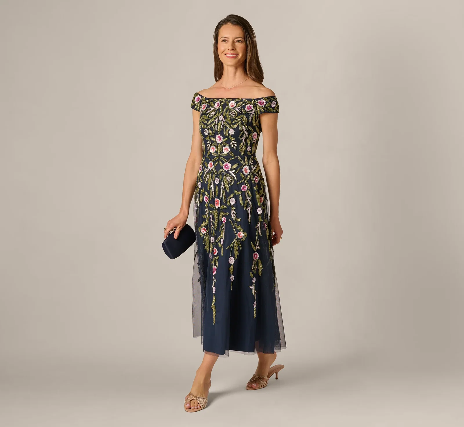 Image of Off Shoulder Floral Beaded Ankle Length Dress In Navy Blush