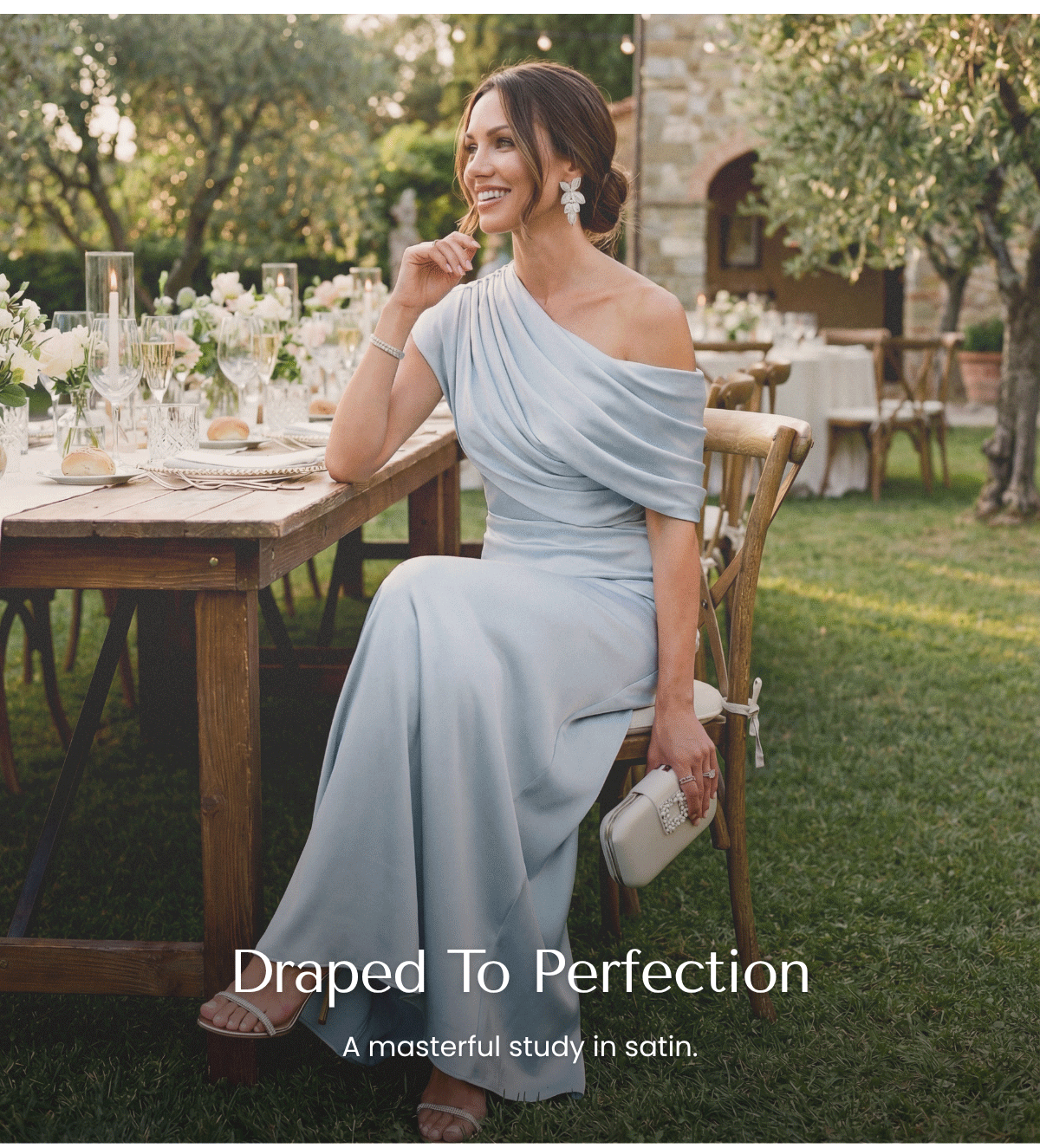 Asymmetrical Draped Neck Stretch Satin Gown In Elegant Sky