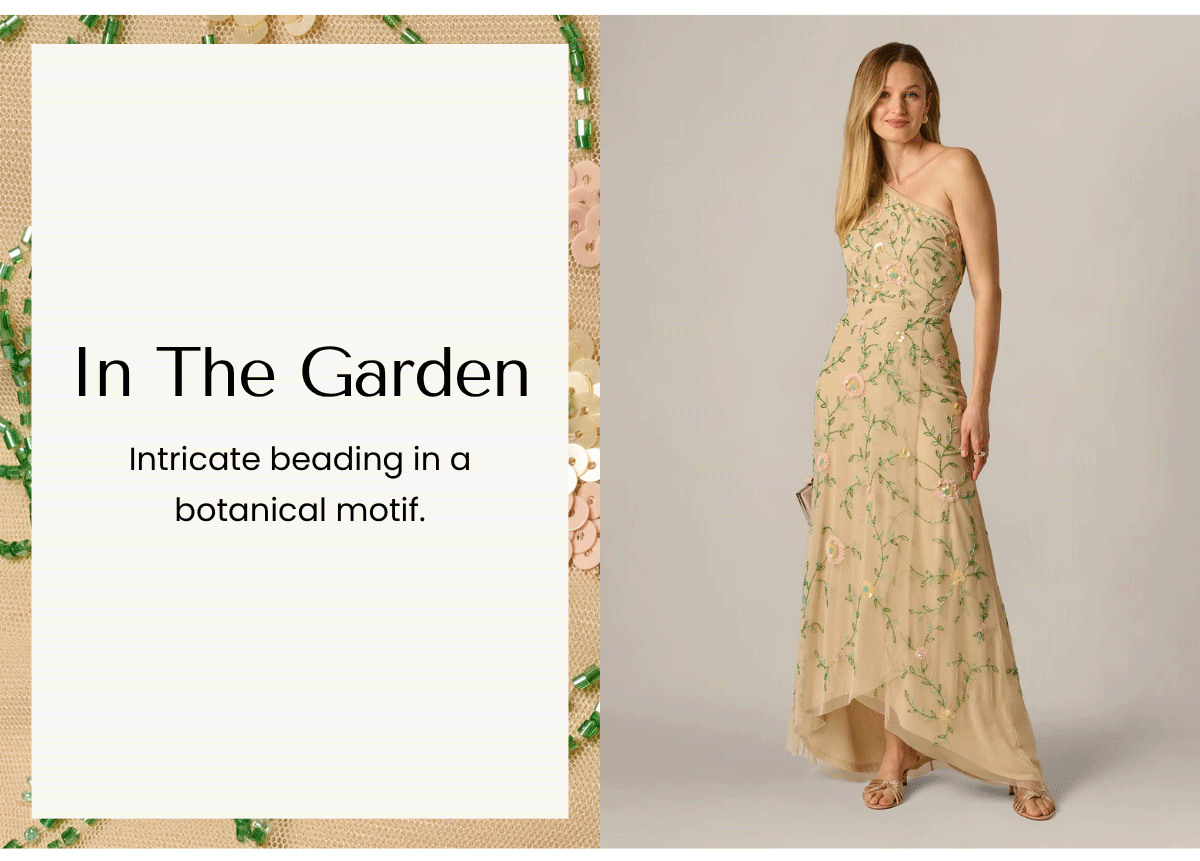One Shoulder Floral Vine Beaded High Low Gown In Light Champagne