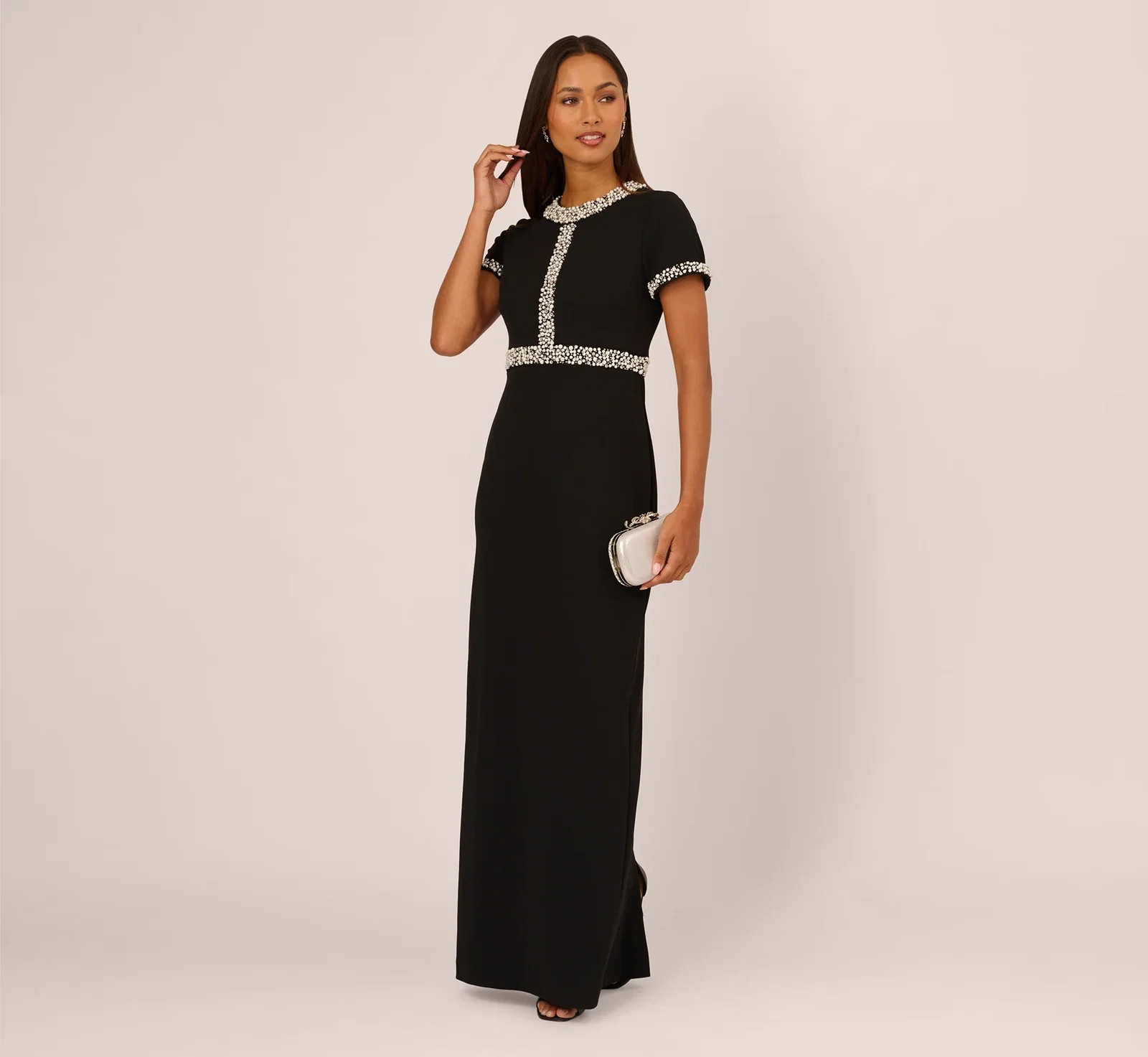 Image of Short Sleeve Stretch Crepe Pearly Beaded Gown In Black Ivory