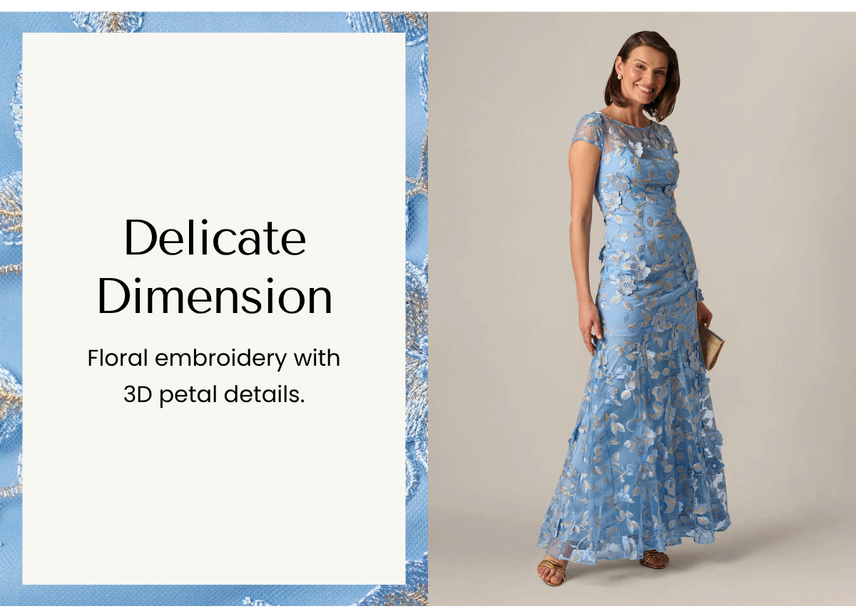 Cap Sleeve Floral Embroidered Illusion Godet Gown In Light Blue Gold
