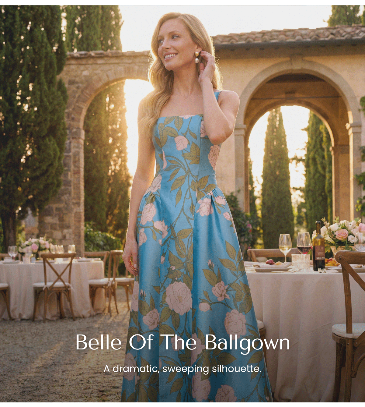 Drop Waist Square Neck Floral Ballgown In Blue Multi