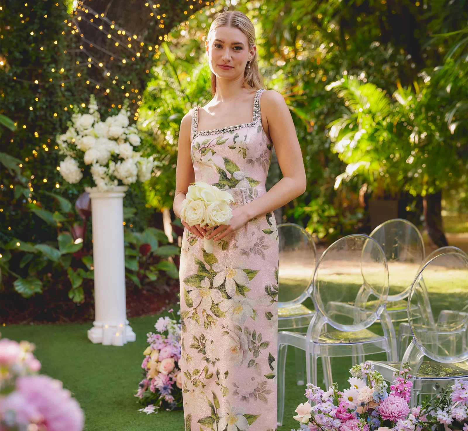 Image of Beaded Square Neck Floral Jacquard Gown In Blush Multi