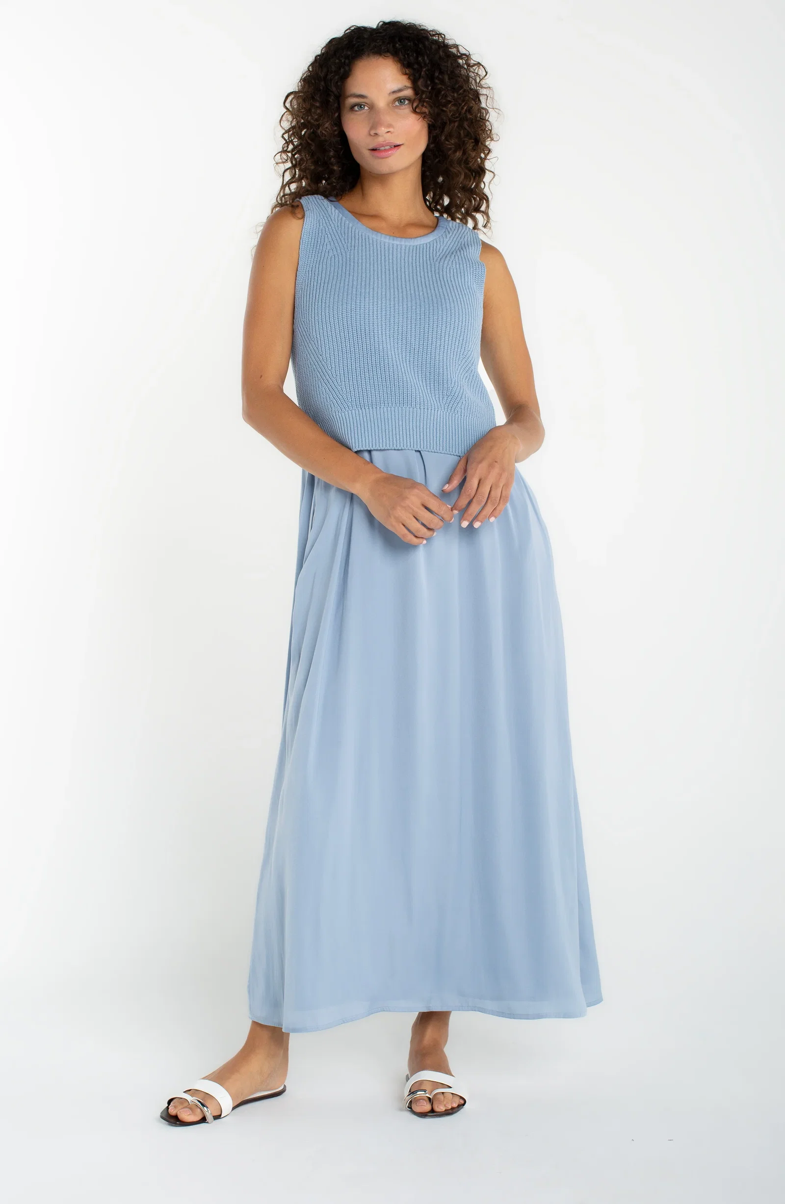 Image of SLEEVELESS TIE BACK SWEATER WOVEN DRESS