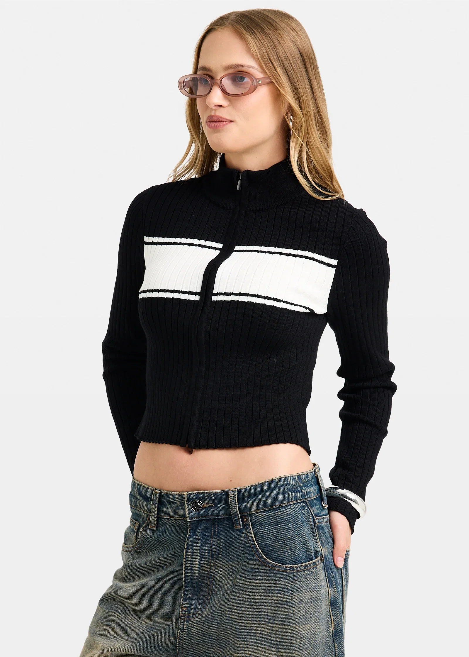 Image of Uma Stripe Zip Through Knit Top