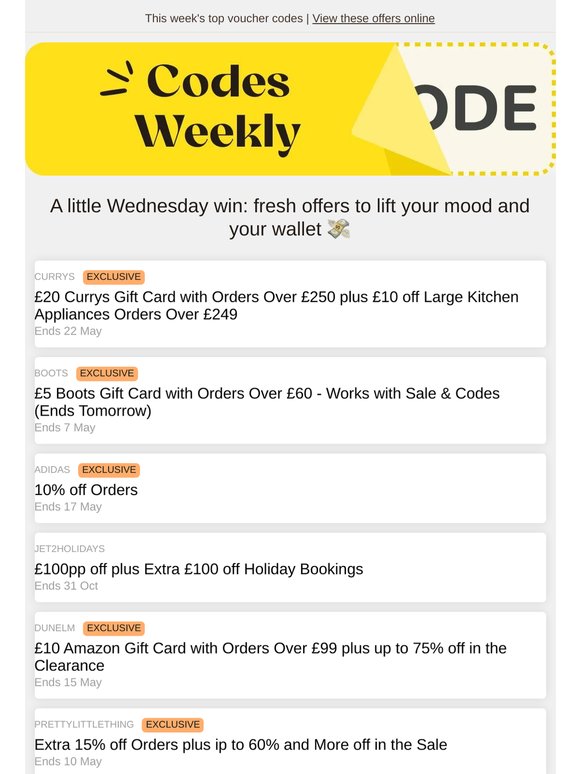 Currys - £20 Gift Card | Boots - £5 Gift Card | adidas - 10% off