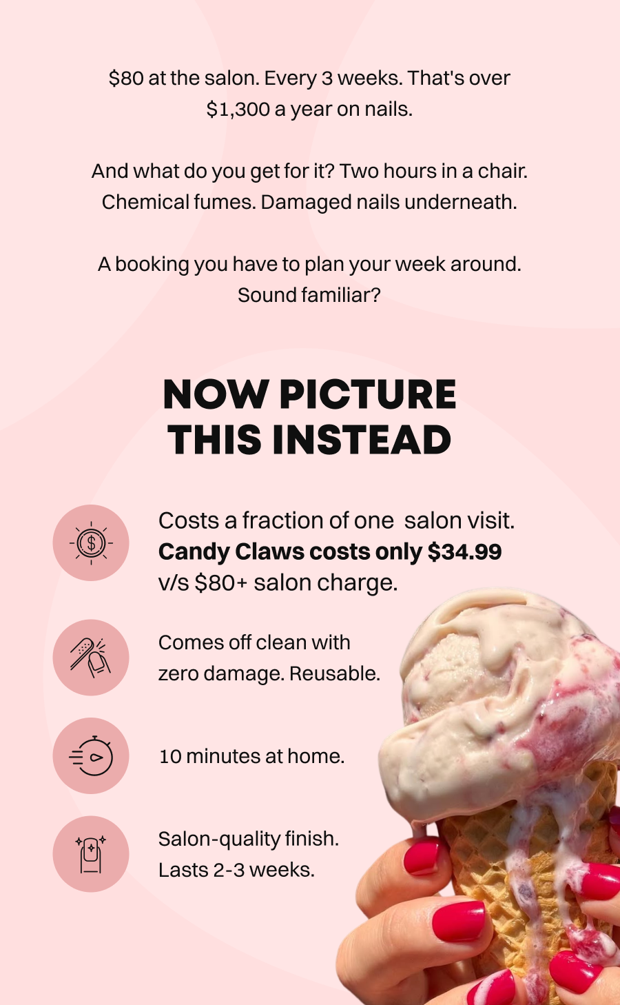 Pink background showing candy claws benefits: reduced salon visits, clean removal, quick home application