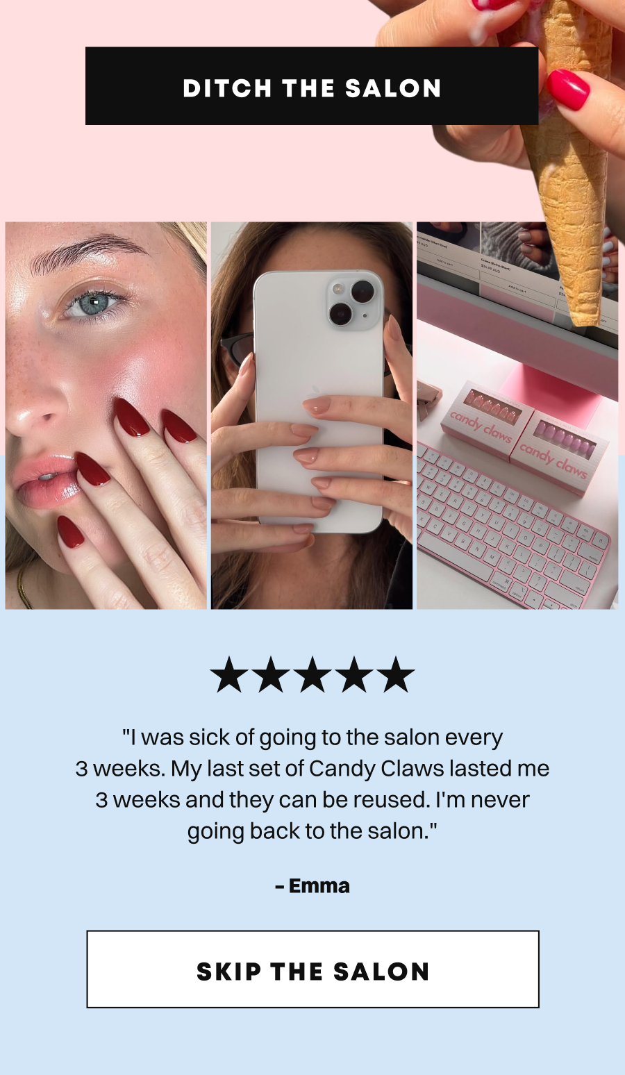 Three photos showing red manicured nails, natural nails holding phone, and candy claws packaging with testimonial