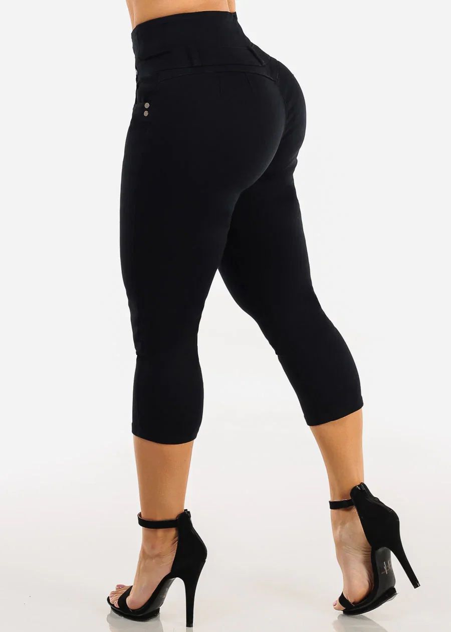 Image of MX JEANS Butt Lift Thick Waist Black Stretch Denim Capris