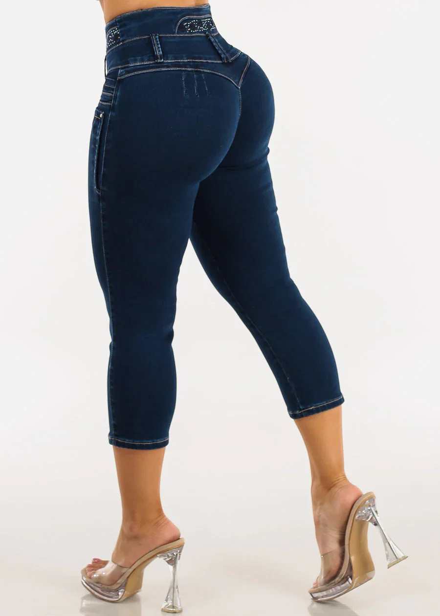Image of MX JEANS Embroidered Back Butt Lift Stretch Denim Capris Dark Wash
