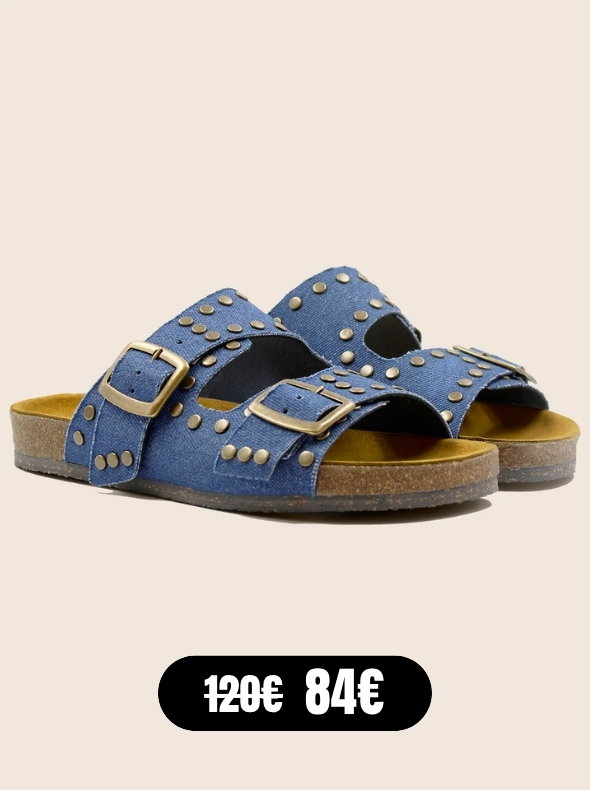 Mules liège clous toile jean bleu
