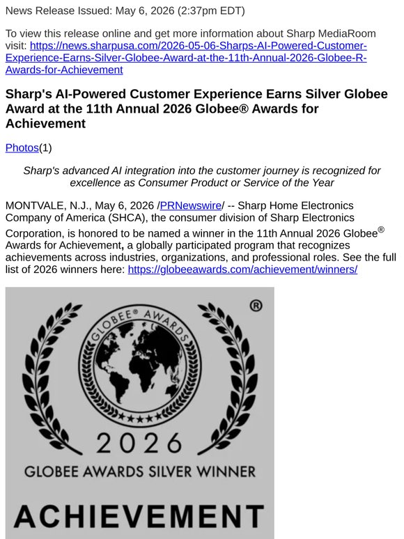 Sharp's AI-Powered Customer Experience Earns Silver Globee Award at the 11th Annual 2026 Globee® Awards for Achievement