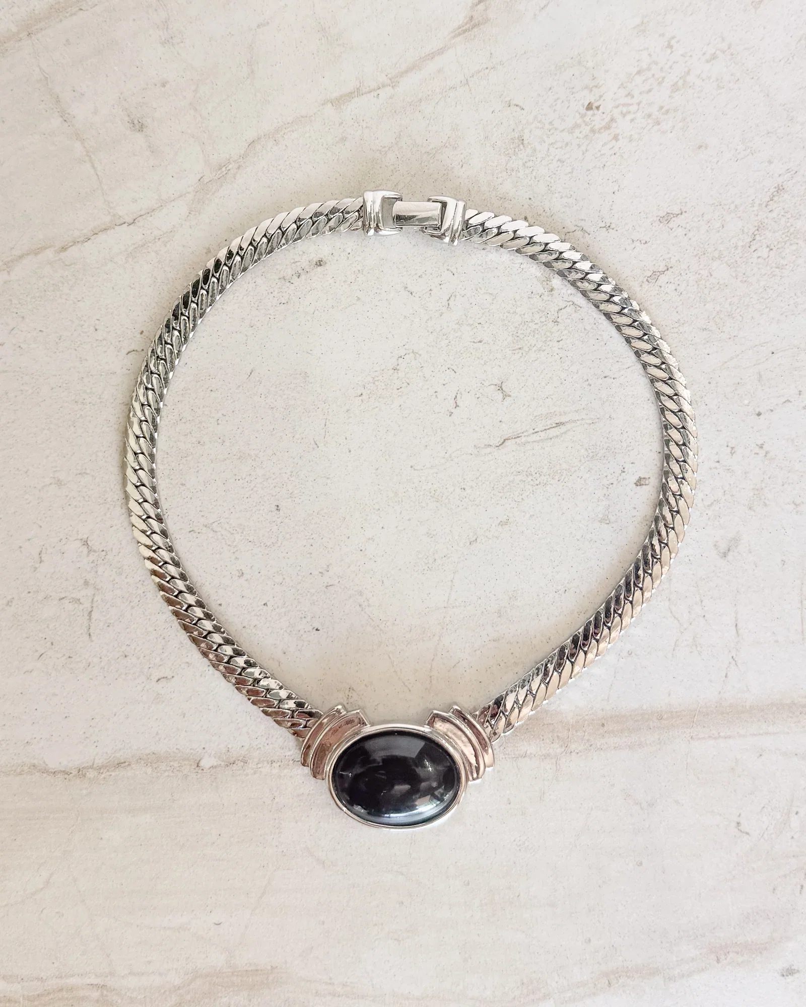 Image of Vintage Signed Silver Tone Black Cabochon Choker Necklace