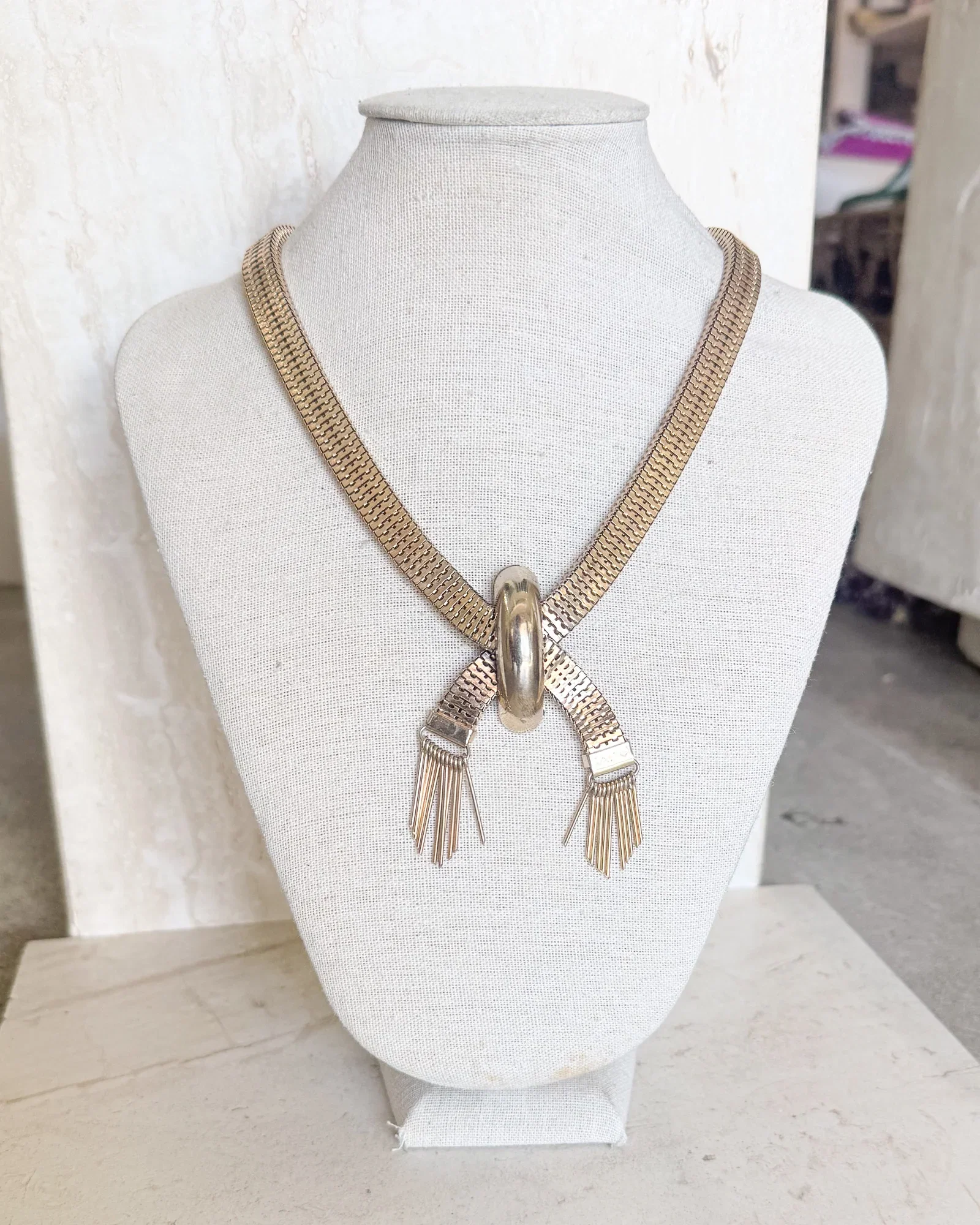 Image of Vintage Art Deco Goldtone Mesh Fringe Tassel  Necklace