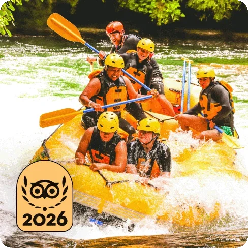 Image Description: Six people in a boat white-water rafting. A gold 2026 Travellers’ Choice Best of the Best badge is on the image.