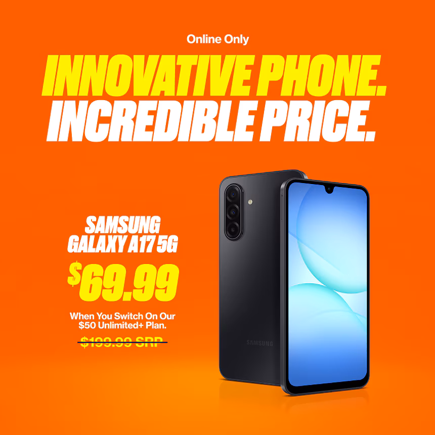 Advertisement for Samsung Galaxy A17 5G phone, priced at $69.99 with a $50 Unlimited+ Plan, online only.