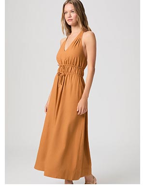 An image of a woman wearing a golden maxi dress with ruched waist detail.