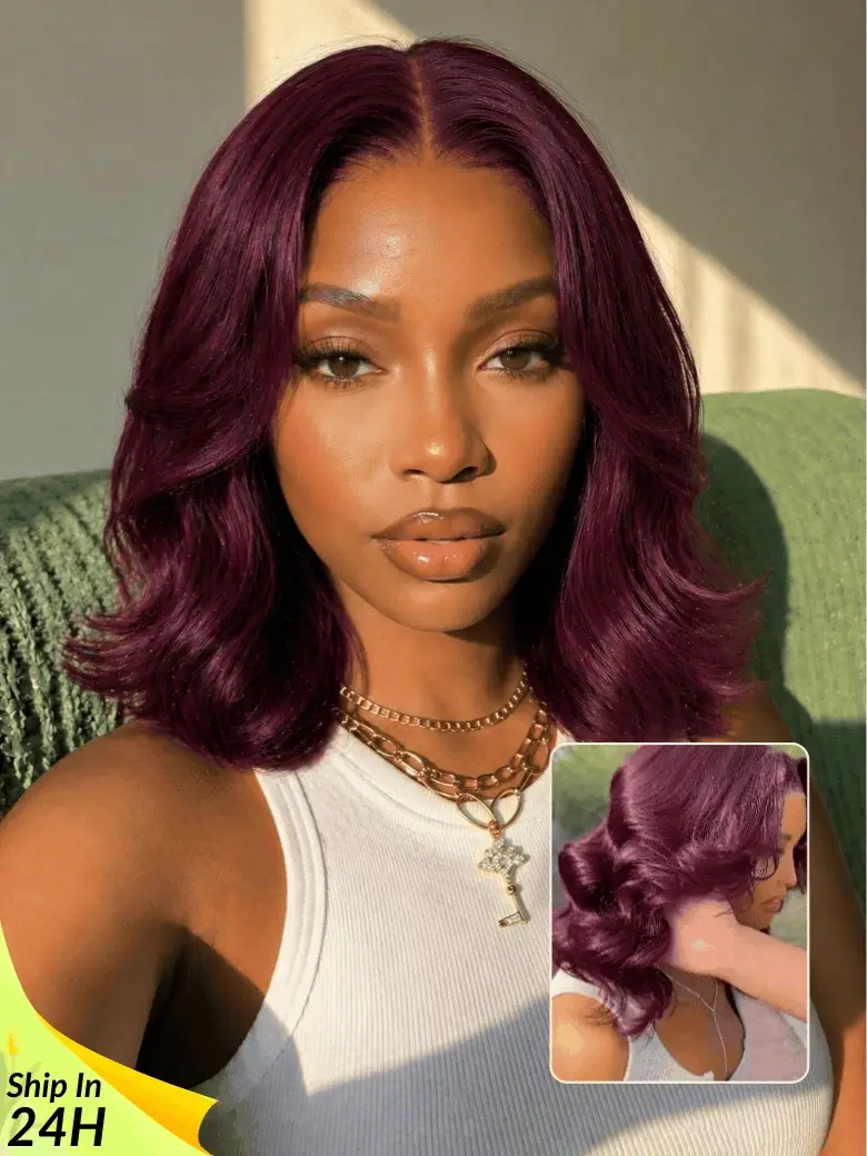 Sunber Purple Black Cherry Wispy Blow Out 7x5 Pre Cut Lace Loose Wave Bob Wig With Invisi Drawstring