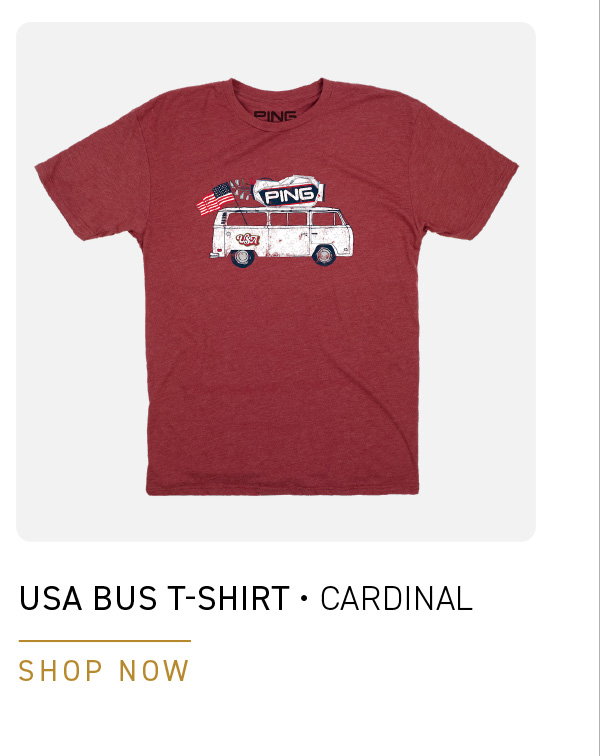Front image of the USA BUS T-SHIRT in Cardinal. Text reads: USA BUS T-SHIRT- CARDINAL. Click to SHOP NOW.