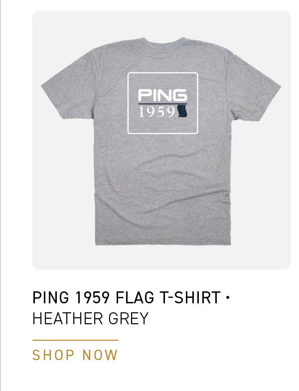 Back image of the PING 1959 Flag t-shirt in Dark Heather Grey.Text reads: PING 1959 Flag T-shirt - Dark Heather Grey. CLICK TO SHOP NOW.