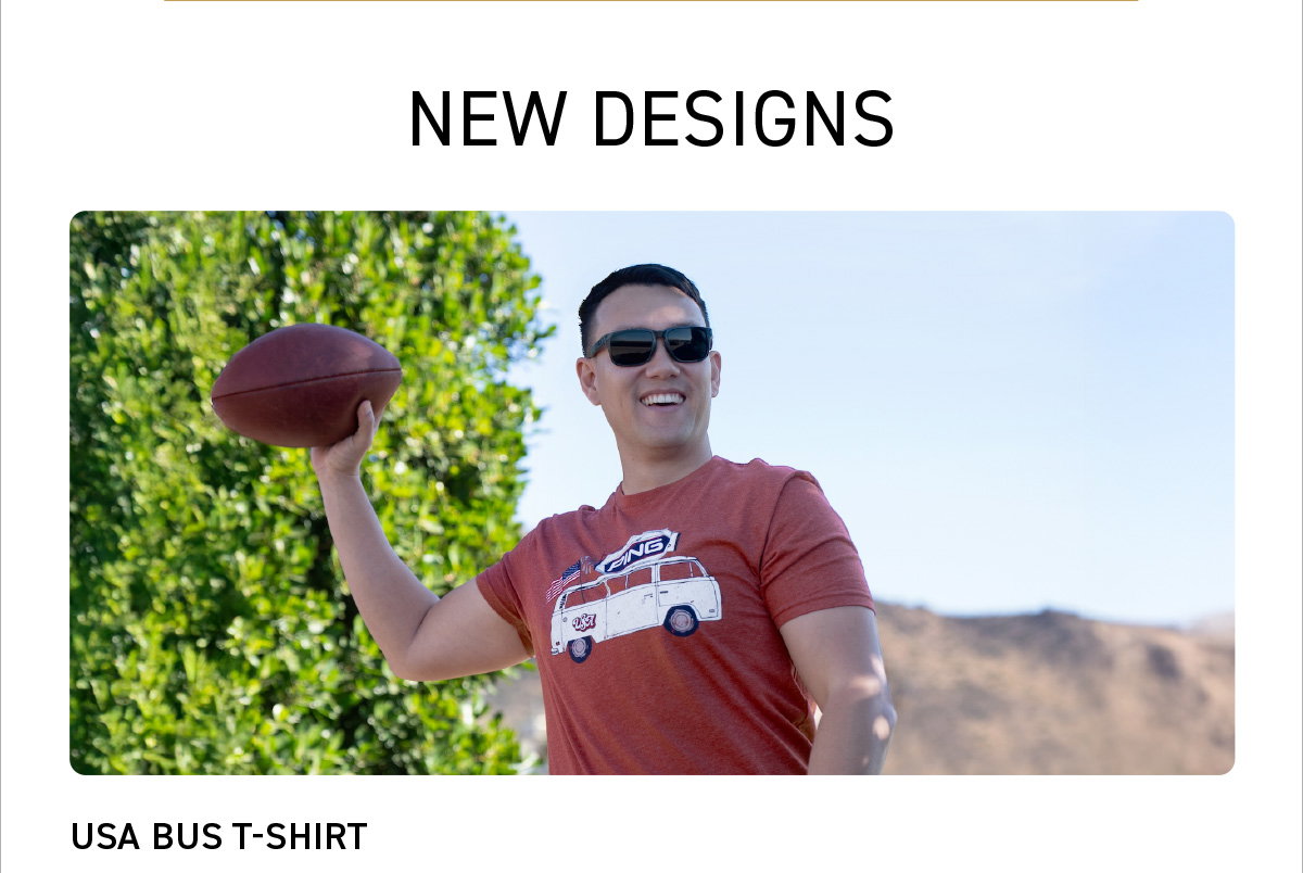 Text reads: New Designs. USA Bus T-shirt. Image of a male model wearing the Cardinal Bus T-shirt throwing a football. CLICK TO SHOP NOW.