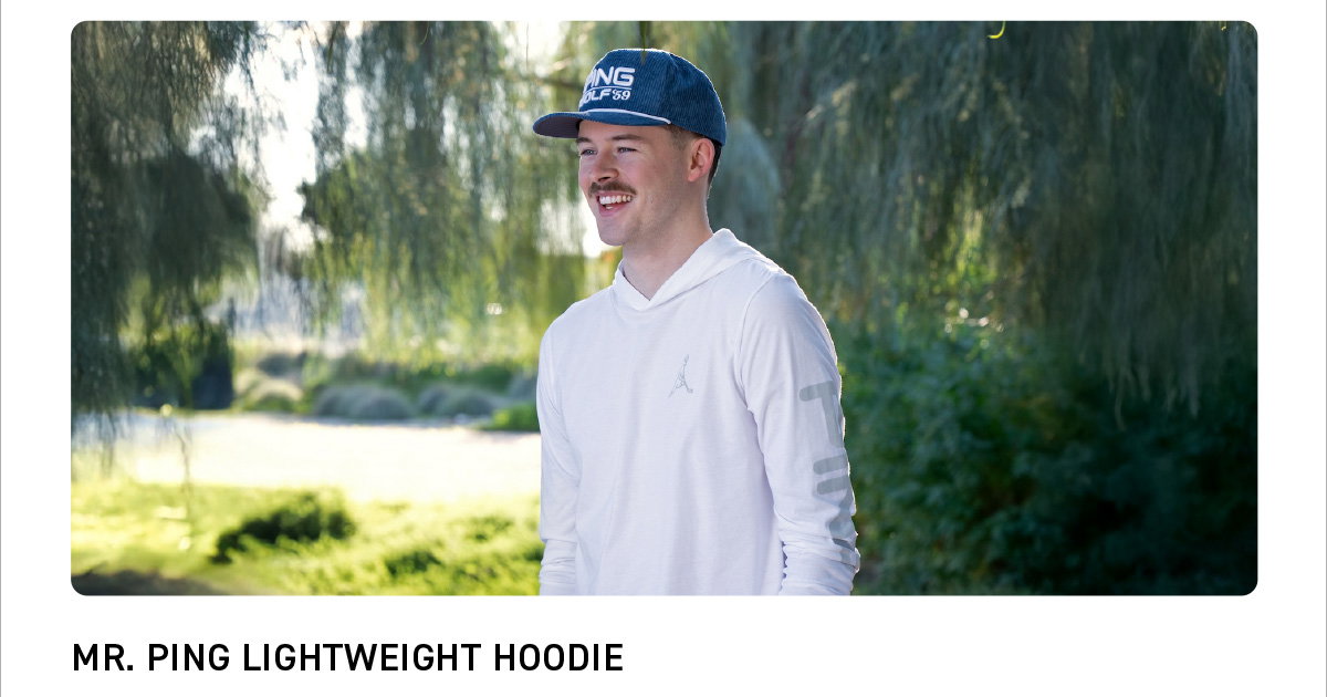 Front image of the a male model wearing the Mr. PING Lightweight Hoodie in white. Text reads: Mr. PING Lightweight Hoodie. CLICK TO SHOP NOW.