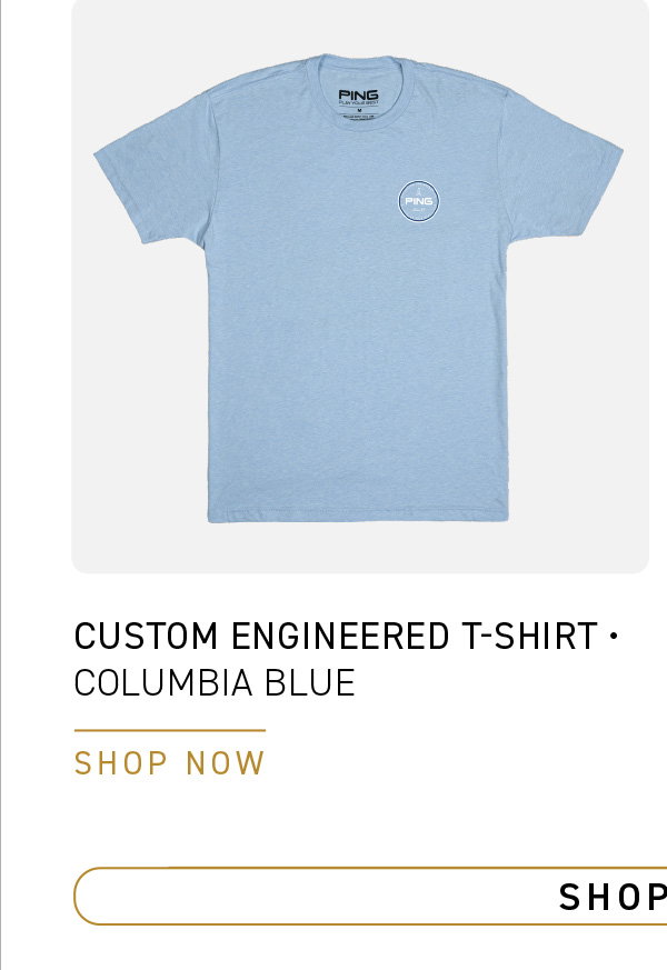 Front image of a the Custom Engineered T-shirt in Heather Columbia Blue. Text reads: Custom Engineered T-shirt - Columbia Blue. Click to SHOP NOW.