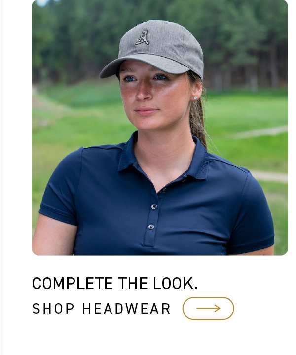 Image of a female wearing the Mr. PING Cap in heather grey. Text reads: Complete the look. CLICK TO SHOP HEADWEAR.