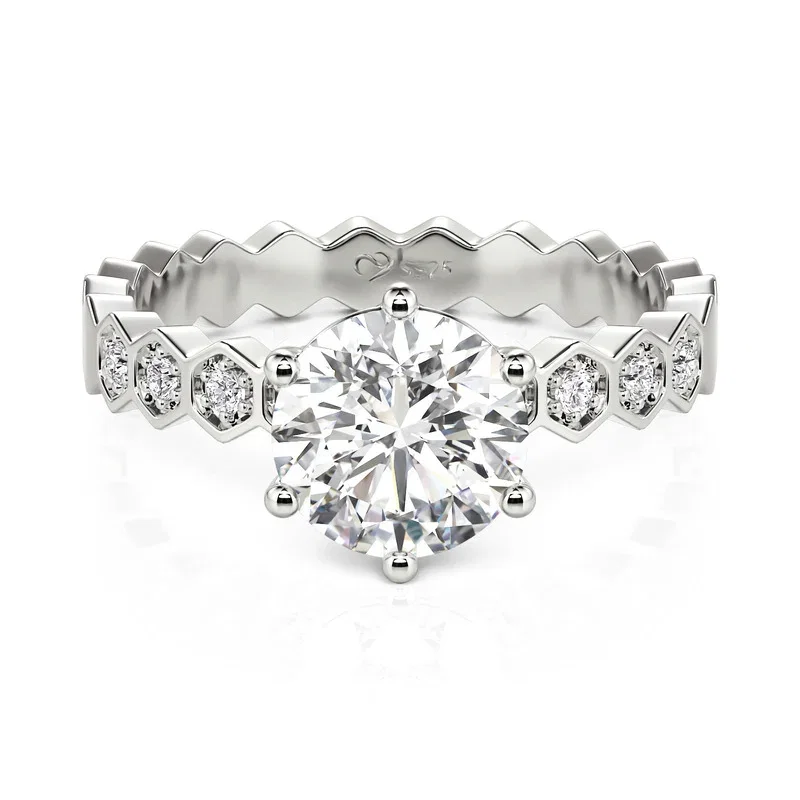 Hexagonal Honeycomb Pave Band Round Engagement Ring