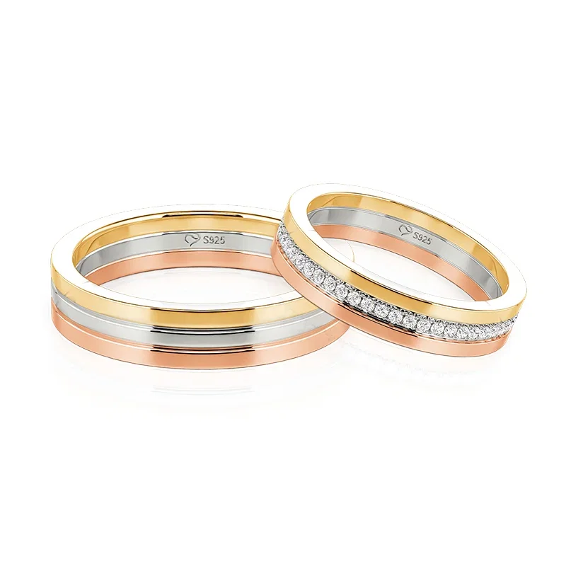 Classic Tri-Color Wedding Band Set for Couple