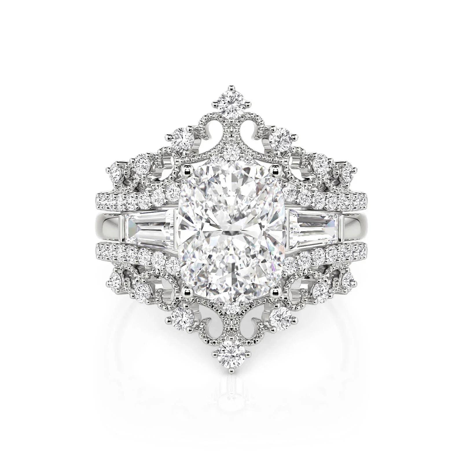 Vintage Crown Scrollwork Oval Engagement Ring Set