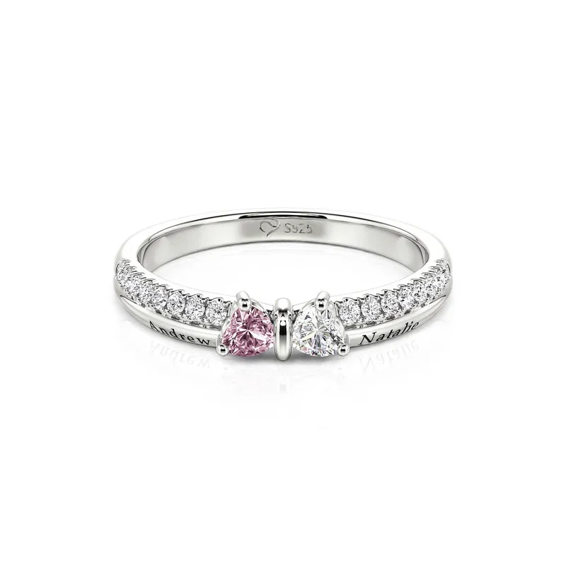 Custom Double Heart Bow Birthstone Ring with Engraving
