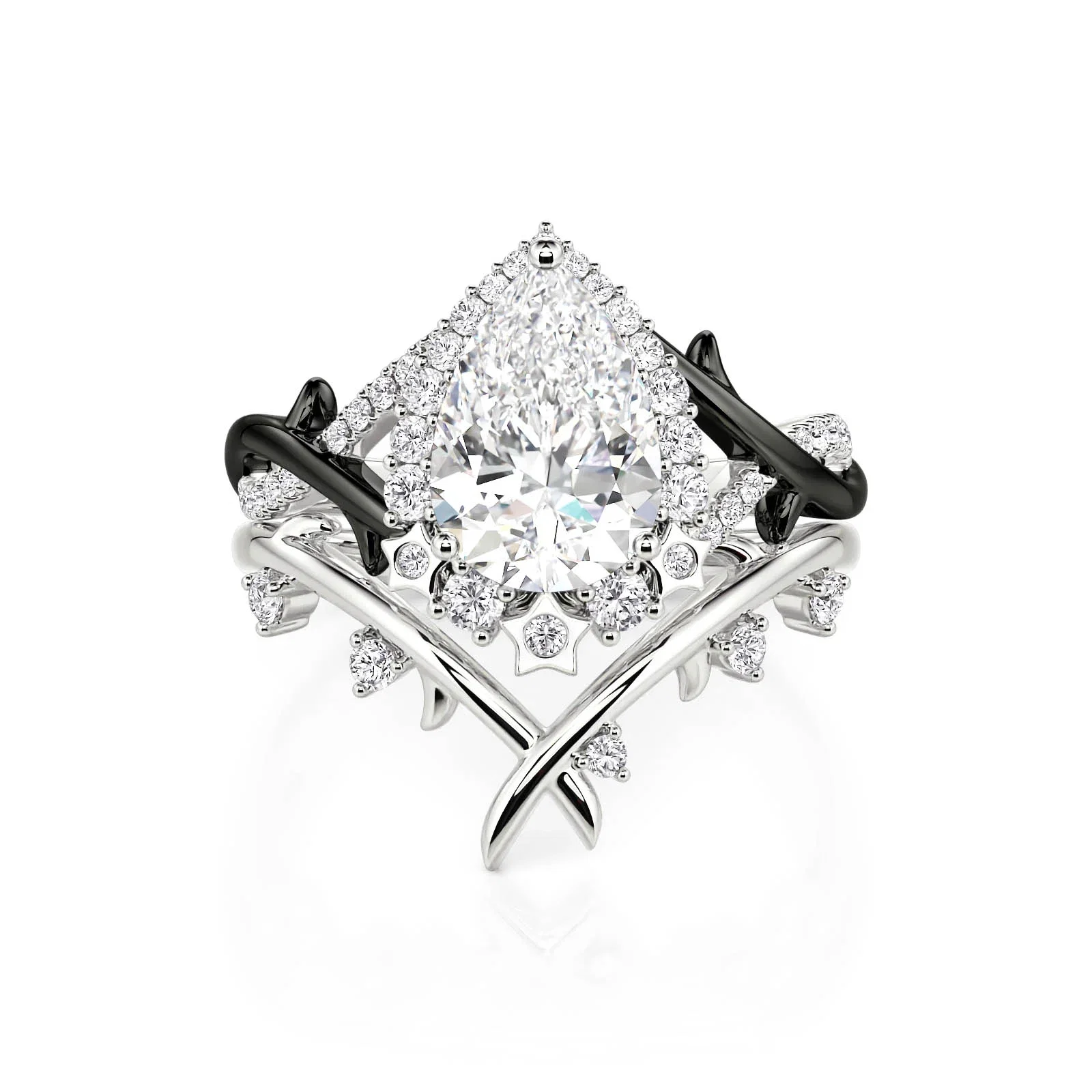 Pear Halo Thorn Engagement Ring Set with Star Accents