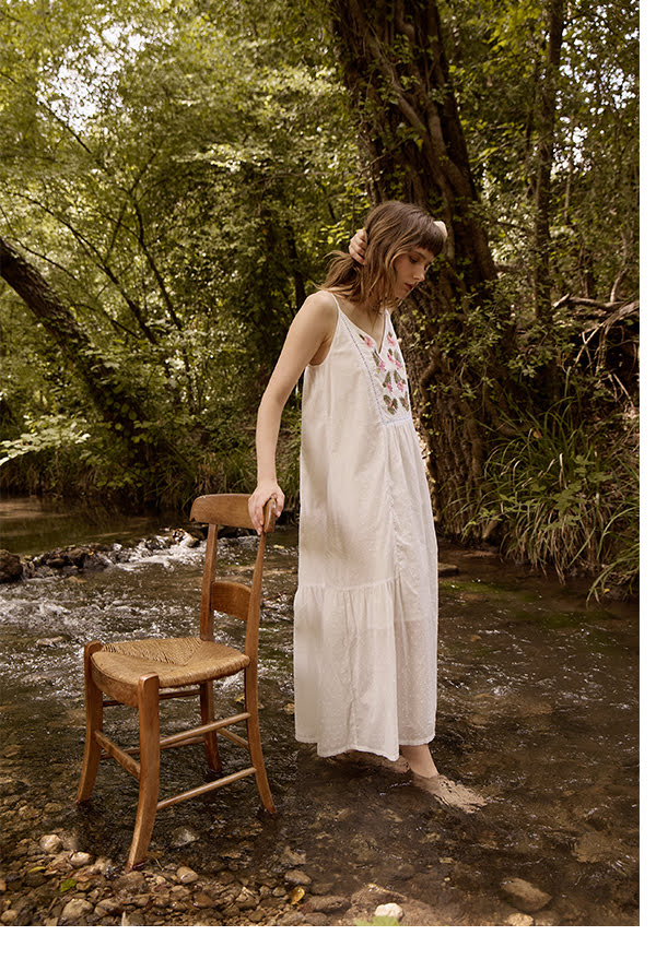 Long cotton dress, embroidered