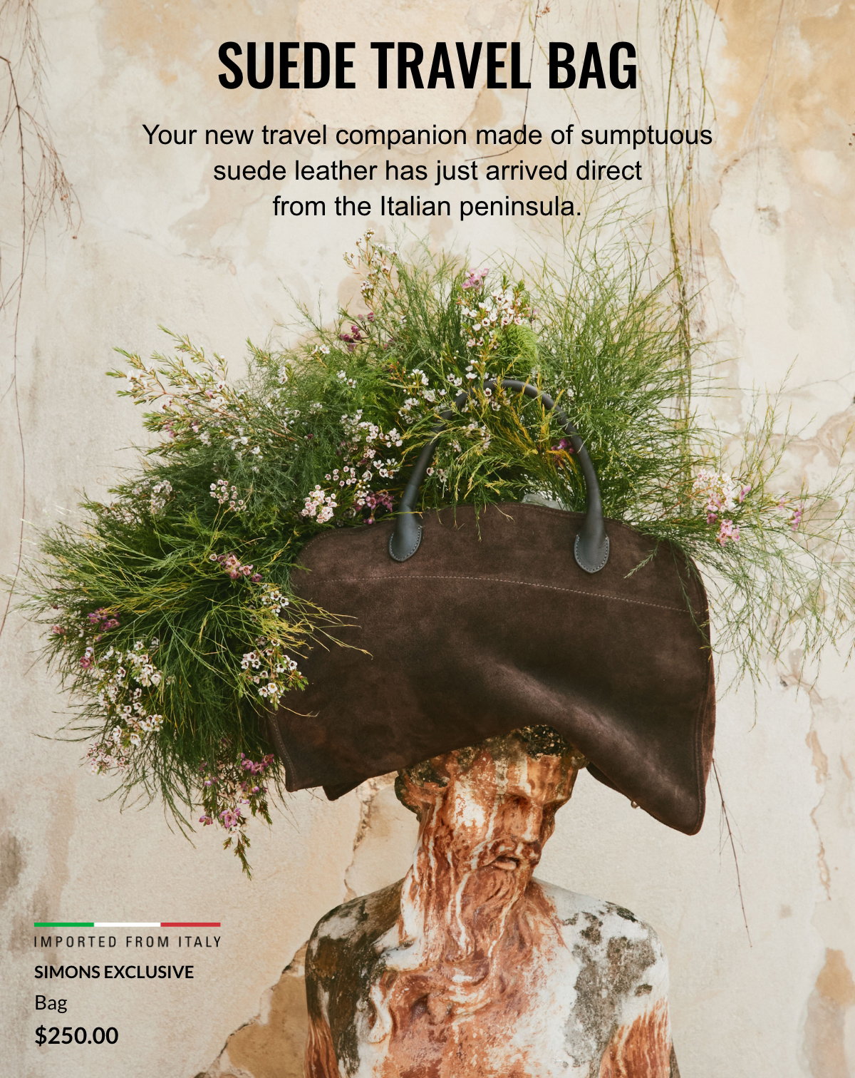 Suede travel bag; Your new travel companion made of sumptuous suede leather has just arrived direct from the Italian peninsula.
