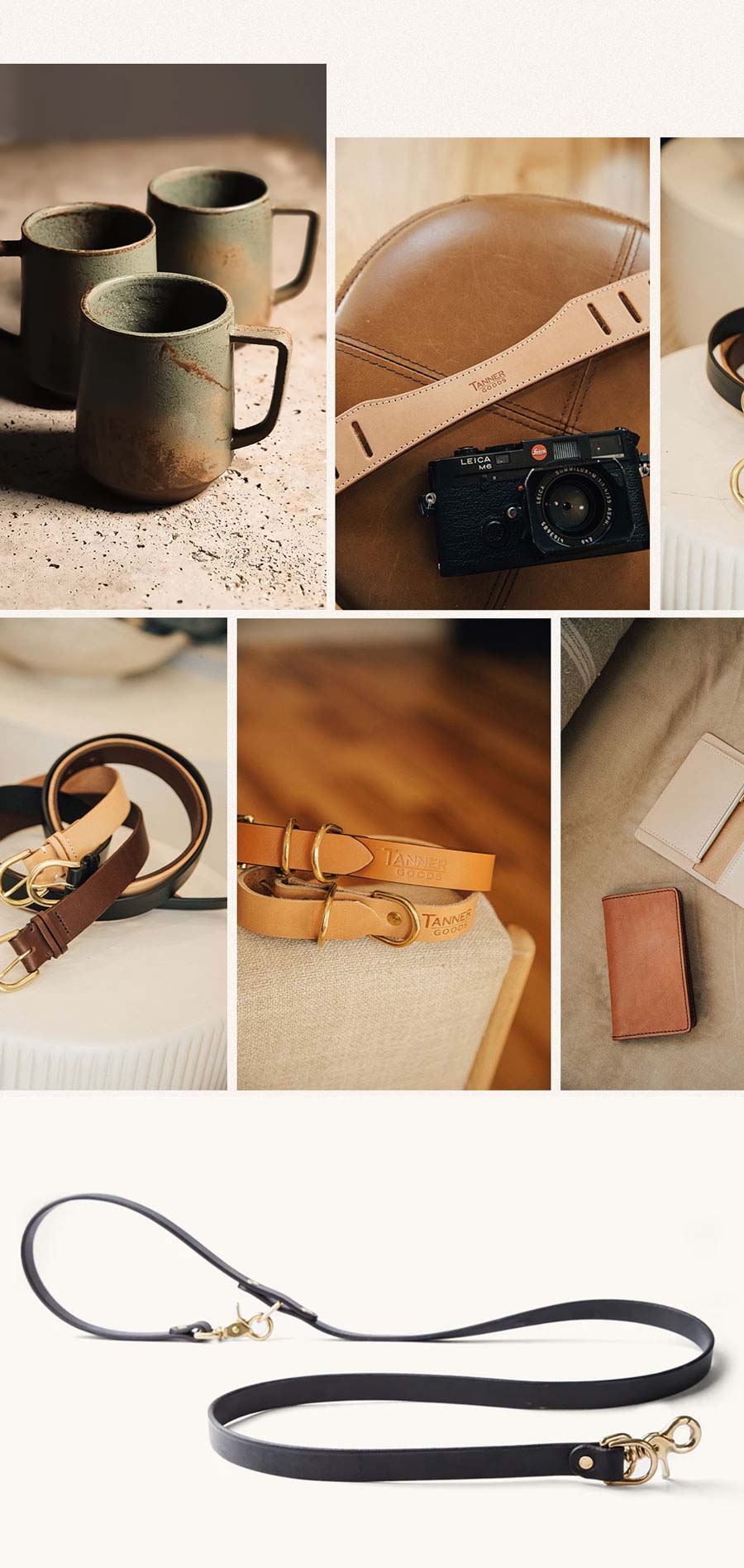 A collection of images of products found in the Mother's Day collection including: multiple leather belts, wallets and a few coffee mugs