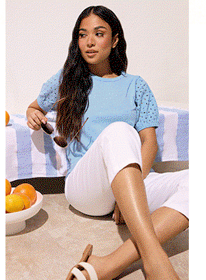 M&Co Petite Blue Broderie Cotton Puff Sleeve Top