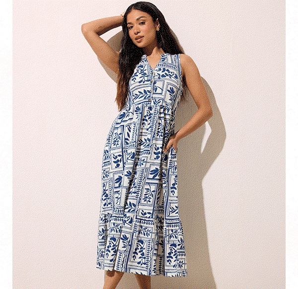 M&Co Petite Blue Leaf Print Sleeveless Cotton Midi Dress