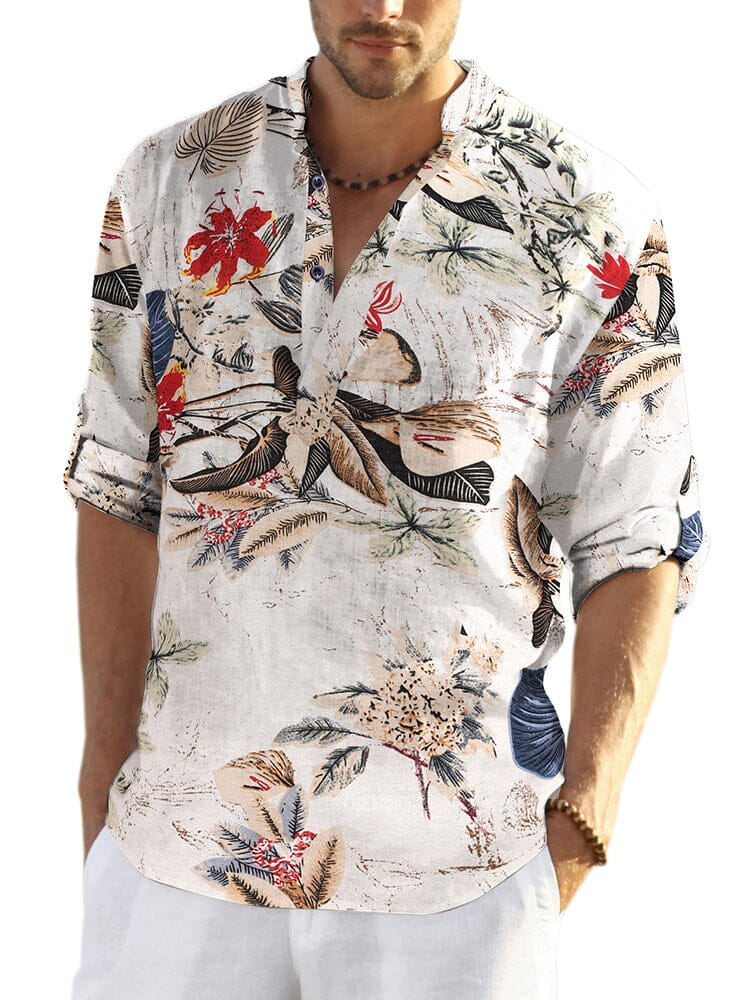 Image of Cotton Linen Floral Henley Shirt (US Only)