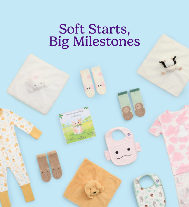 Baby & Toddler Warmies products in a flat lay collage with a blue background. Shop Now.