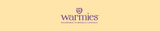 Purple Warmies logo on yellow background. Shop now.