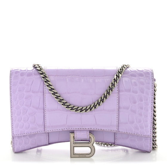 BALENCIAGA Shiny Calfskin Crocodile Embossed Hourglass Chain Bag Lilac